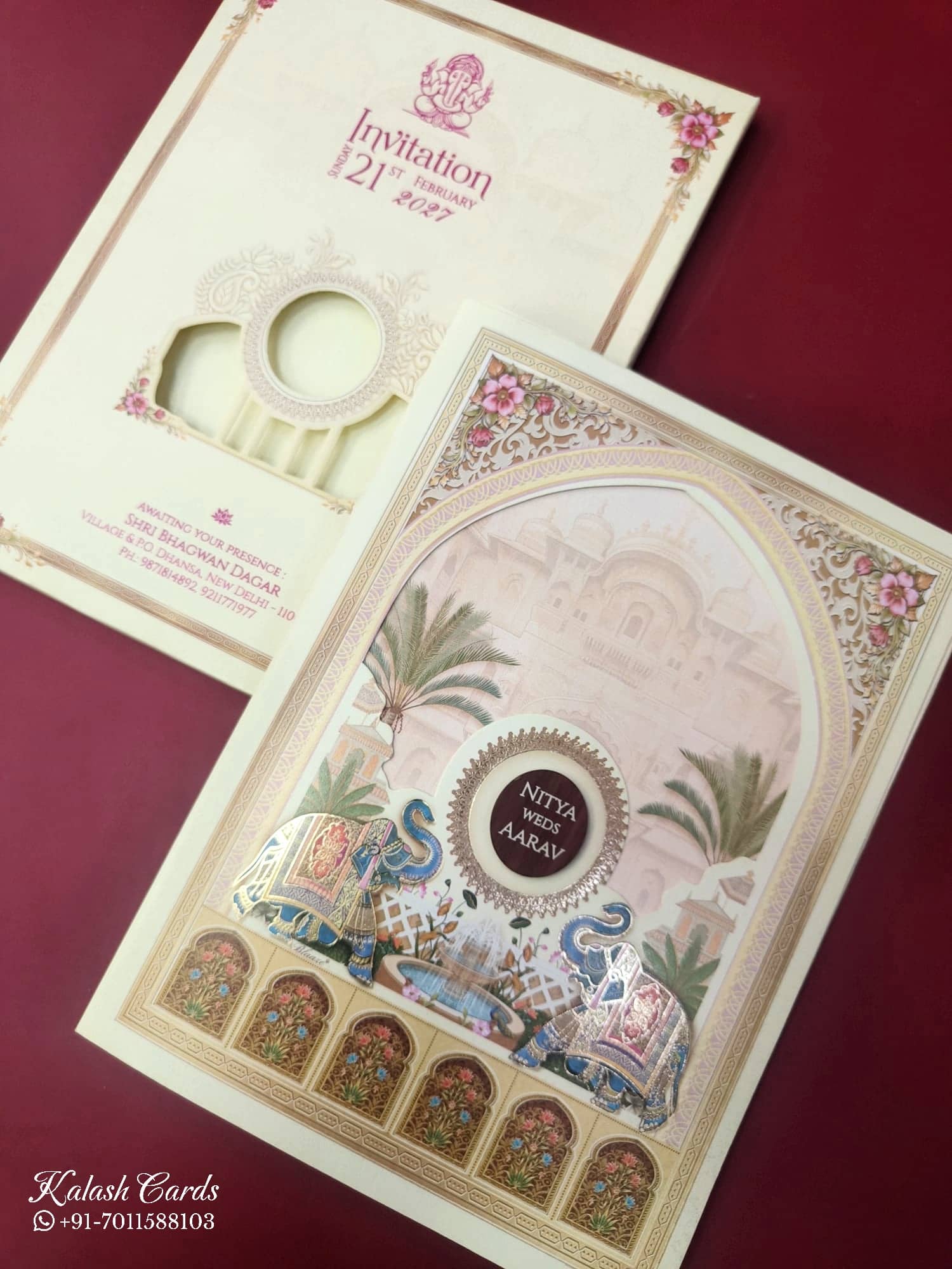 KLB865 Royal Fort Elephant Design Creme Color Semi Box Wedding Card (2 Page & Couple Name Wooden Plate)