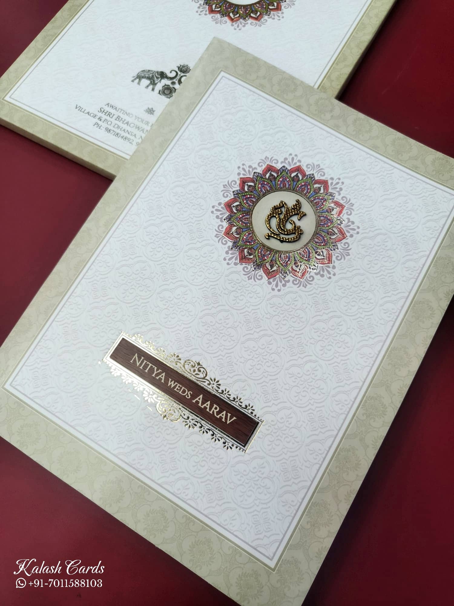 KLB866 Traditional Design Creme Green Color Semi Box Wedding Card (2 Page & Couple Name Wooden Plate)