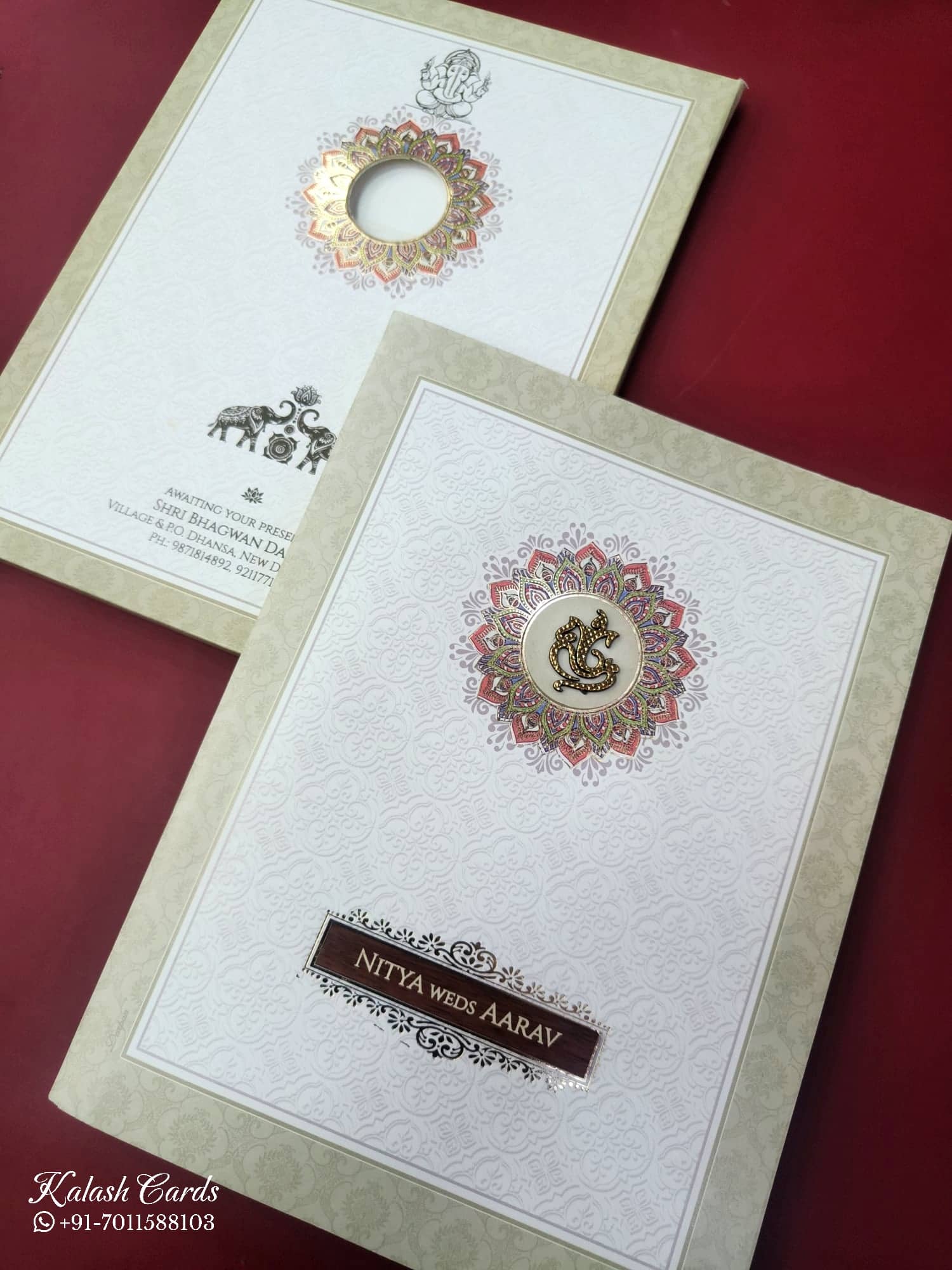 KLB866 Traditional Design Creme Green Color Semi Box Wedding Card (2 Page & Couple Name Wooden Plate)