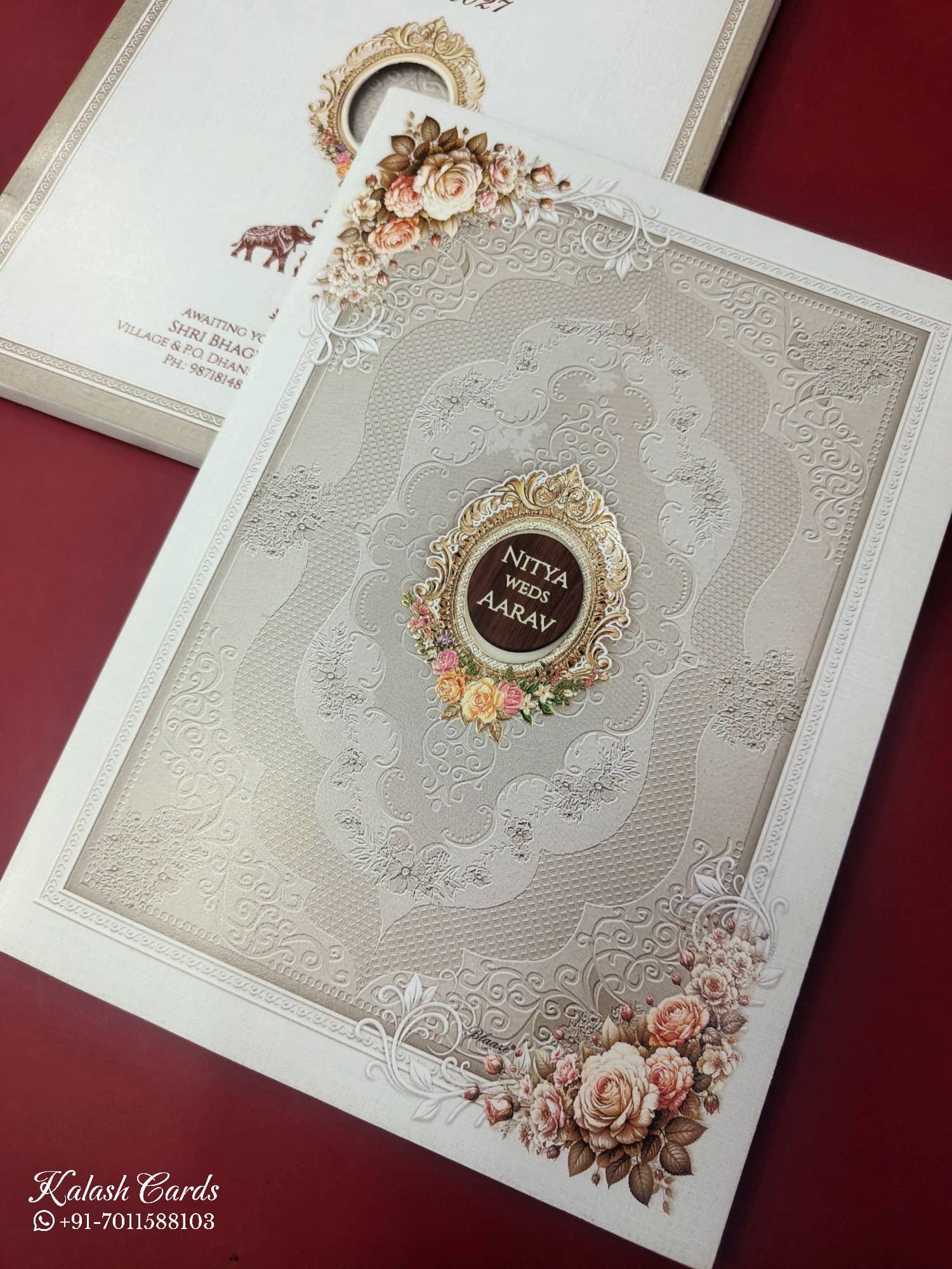 KLB867 Floral Design Creme Brown Color Semi Box Wedding Card (2 Page & Couple Name Wooden Plate)