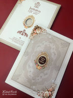 KLB867 Floral Design Creme Brown Color Semi Box Wedding Card (2 Page & Couple Name Wooden Plate)