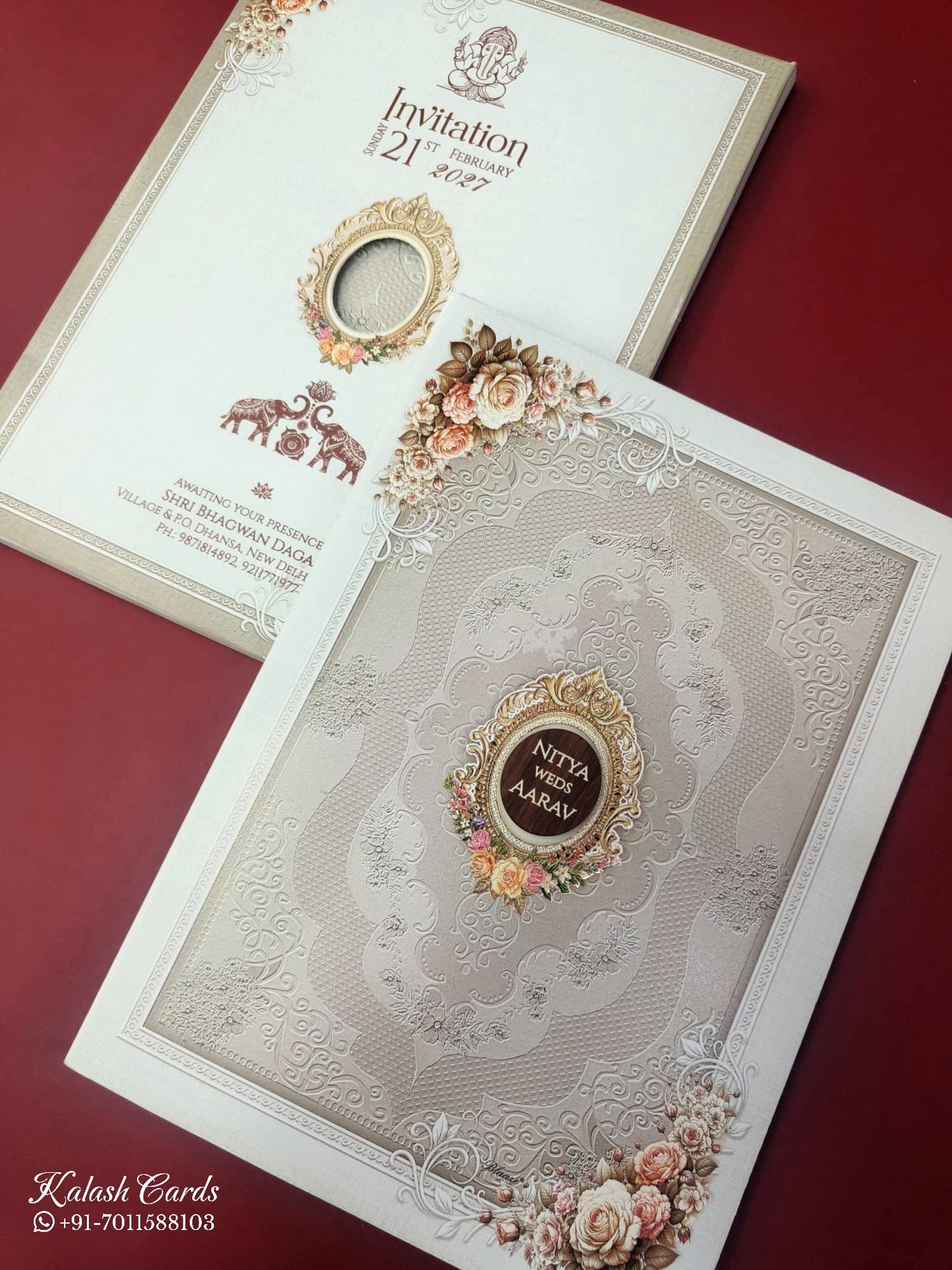 KLB867 Floral Design Creme Brown Color Semi Box Wedding Card (2 Page & Couple Name Wooden Plate)