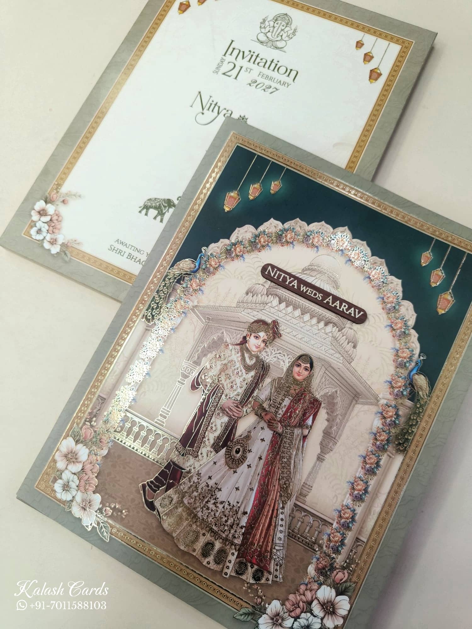 KLB868 Dulha Dulhan Mandap Design Blue Green Color Semi Box Wedding Card (2 Page & Couple Name Wooden Plate)