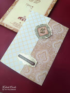 KLB869 Traditional Design Creme Red Color Double Door Style Embossed Wedding Card (2 Page & Couple Name Wooden Plate)