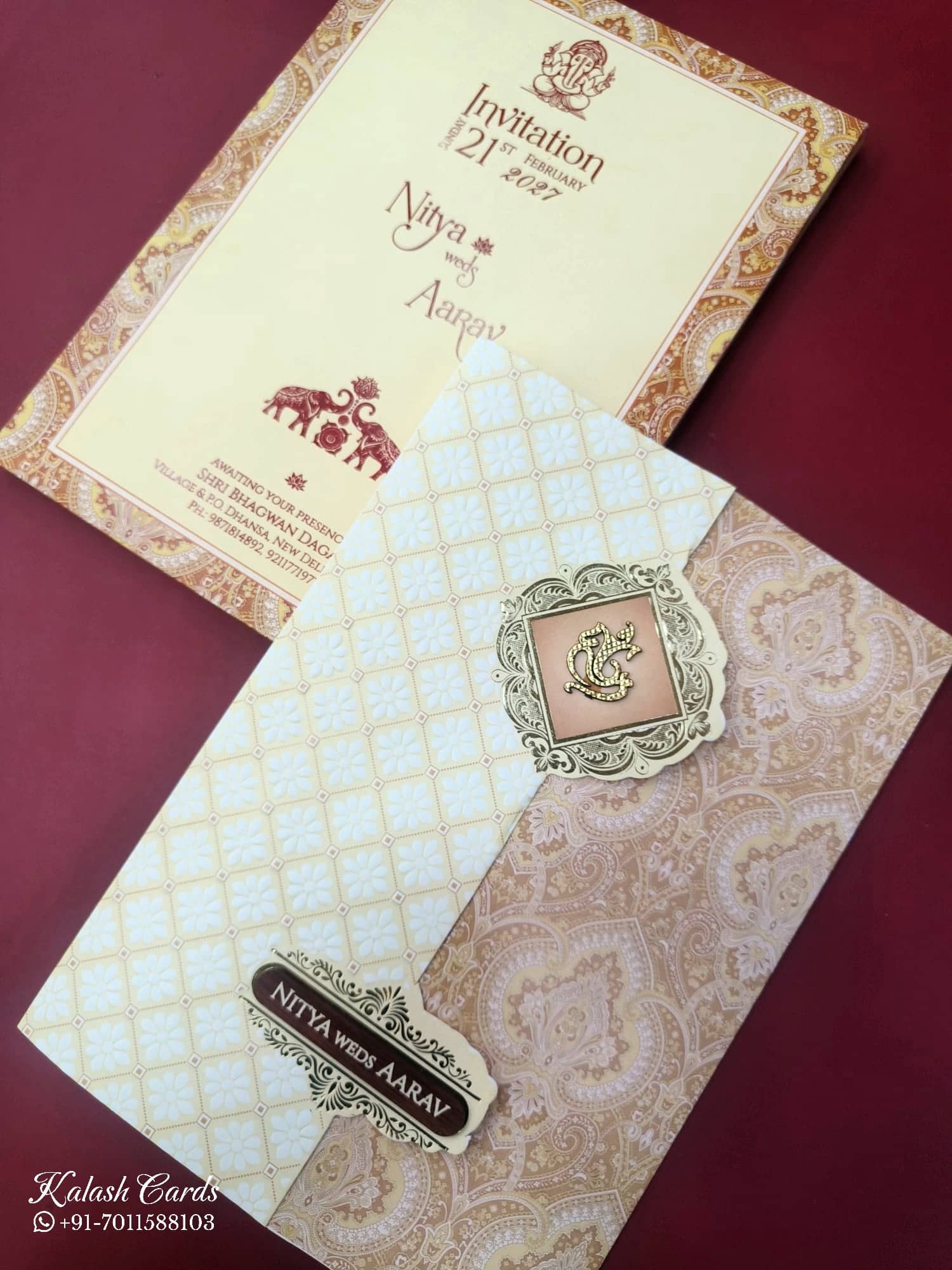 KLB869 Traditional Design Creme Red Color Double Door Style Embossed Wedding Card (2 Page & Couple Name Wooden Plate)
