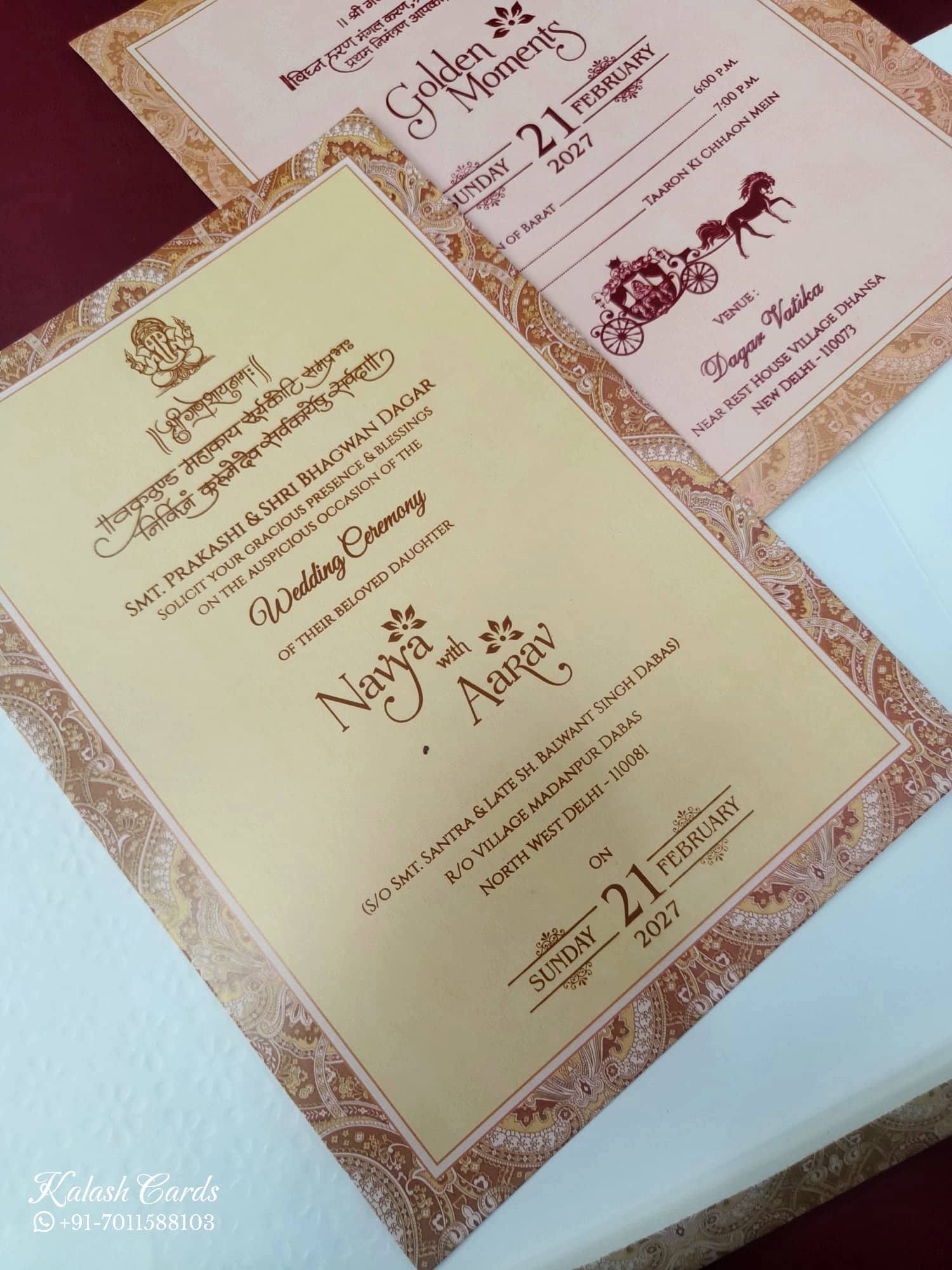 KLB869 Traditional Design Creme Red Color Double Door Style Embossed Wedding Card (2 Page & Couple Name Wooden Plate)