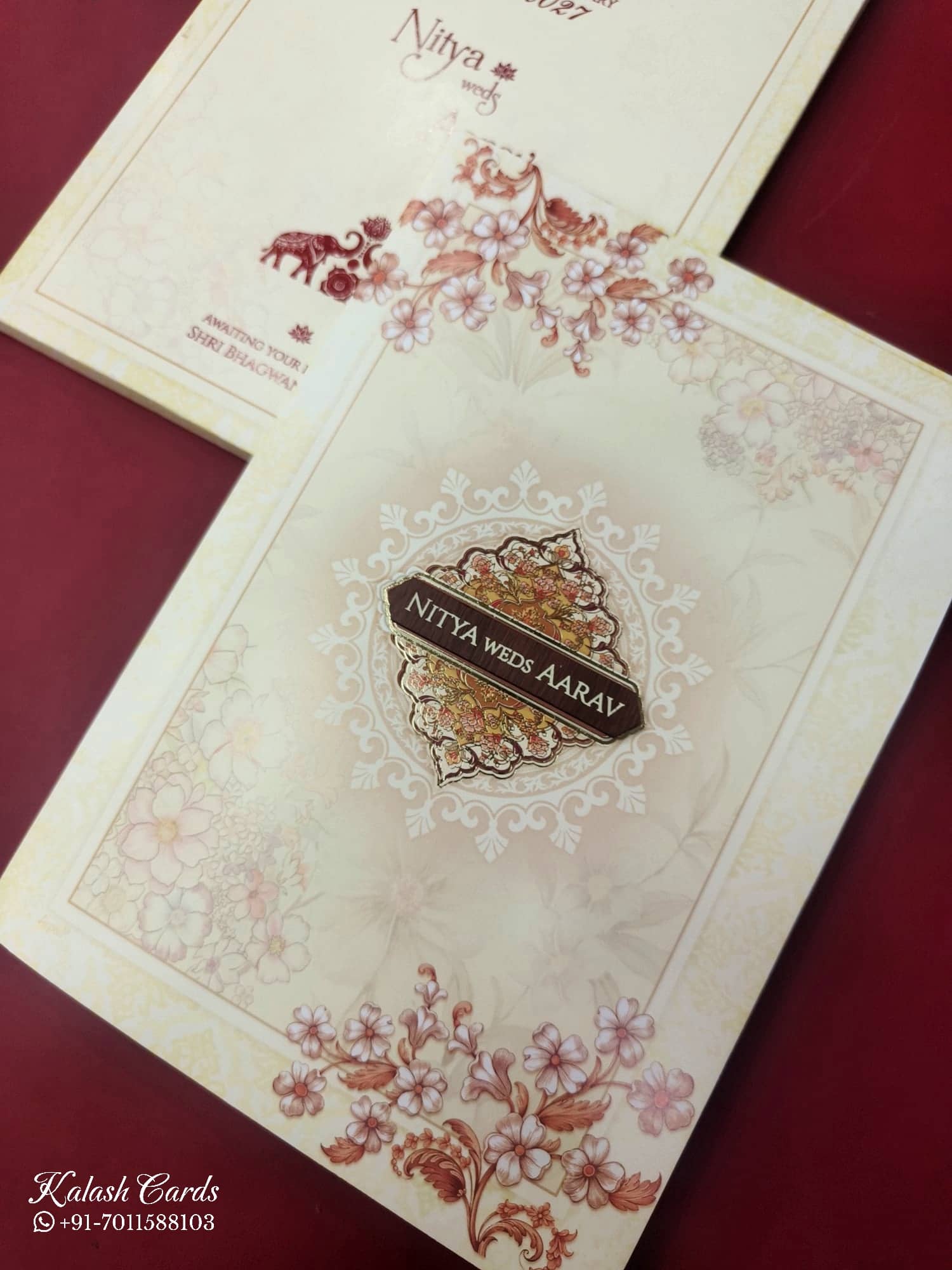 KLB870 Floral Design Creme Color Semi Box Wedding Card (2 Page & Couple Name Wooden Plate)