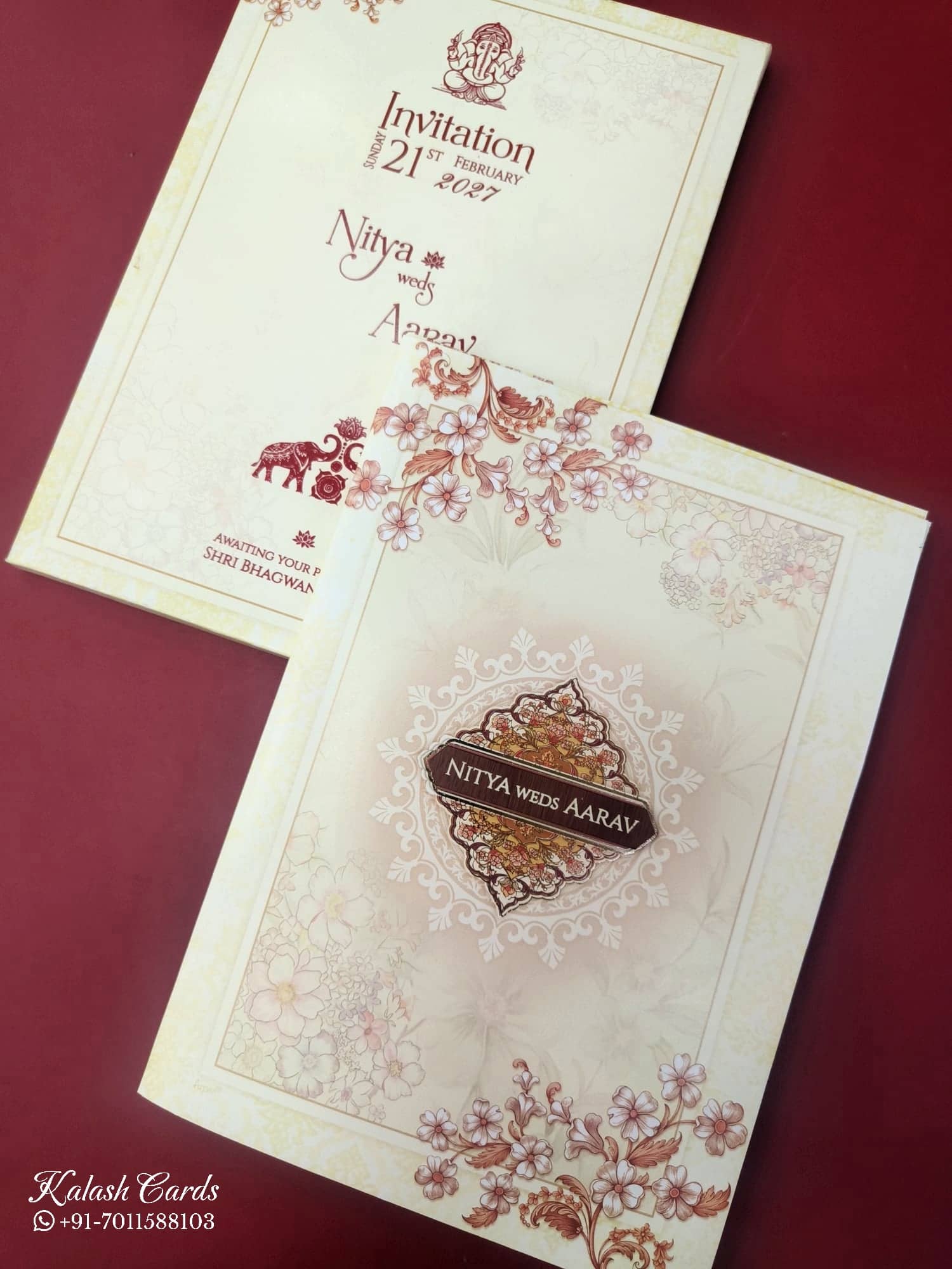 KLB870 Floral Design Creme Color Semi Box Wedding Card (2 Page & Couple Name Wooden Plate)