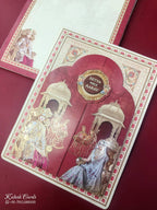 KLB871 Raja Rani Design Creme Maroon Color Double Door Style Semi Box Wedding Card (2 Page & Couple Name Wooden Plate)