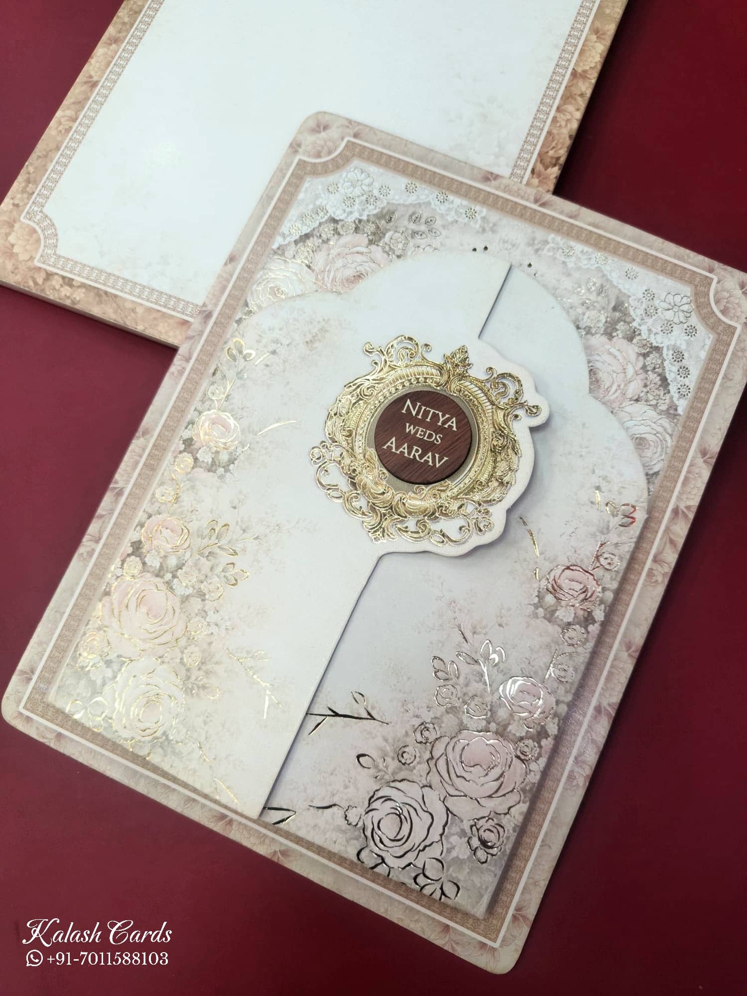 KLB872 Floral Design Creme Color Double Door Style Semi Box Wedding Card (2 Page & Couple Name Wooden Plate)