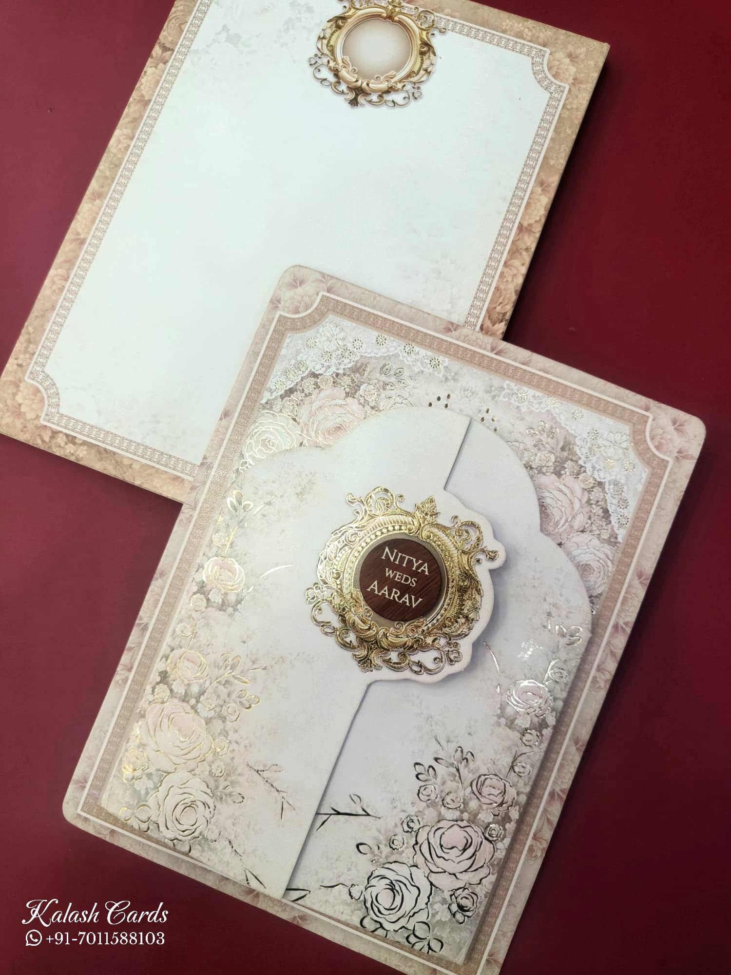 KLB872 Floral Design Creme Color Double Door Style Semi Box Wedding Card (2 Page & Couple Name Wooden Plate)