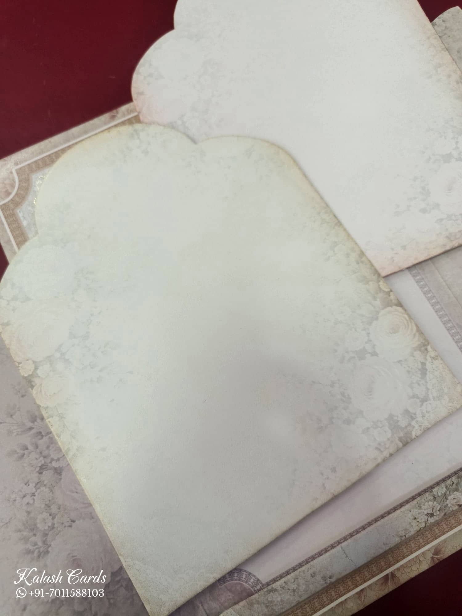 KLB872 Floral Design Creme Color Double Door Style Semi Box Wedding Card (2 Page & Couple Name Wooden Plate)