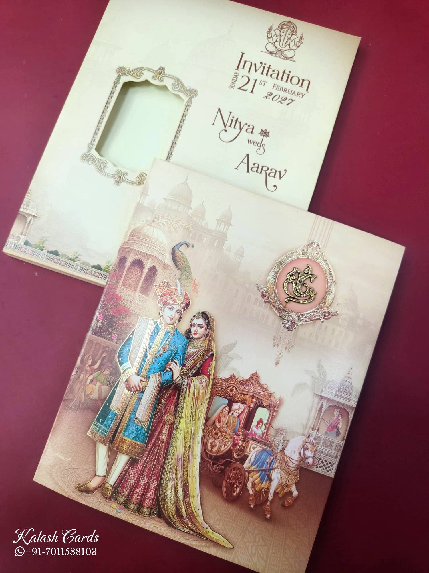 KLB874 Raja Rani Design Creme Maroon Color Semi Box Wedding Card (2 Page)