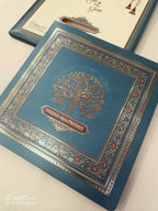 KLB875 Tree of Life Design Blue Color Premium 3D Gold Foil Semi Box Wedding Card (2 Page & Couple Name Wooden Plate)