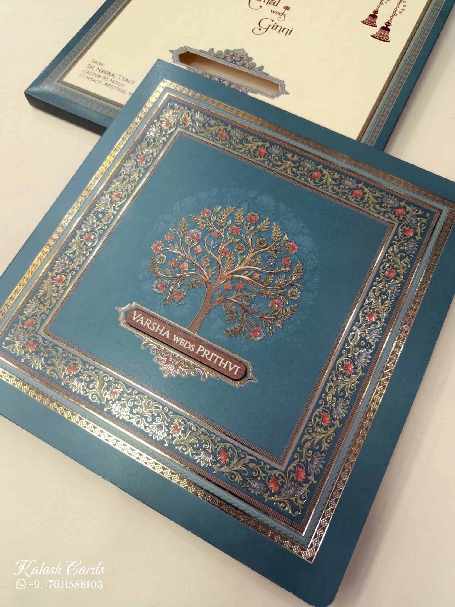 KLB875 Tree of Life Design Blue Color Premium 3D Gold Foil Semi Box Wedding Card (2 Page & Couple Name Wooden Plate)