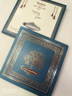KLB875 Tree of Life Design Blue Color Premium 3D Gold Foil Semi Box Wedding Card (2 Page & Couple Name Wooden Plate)