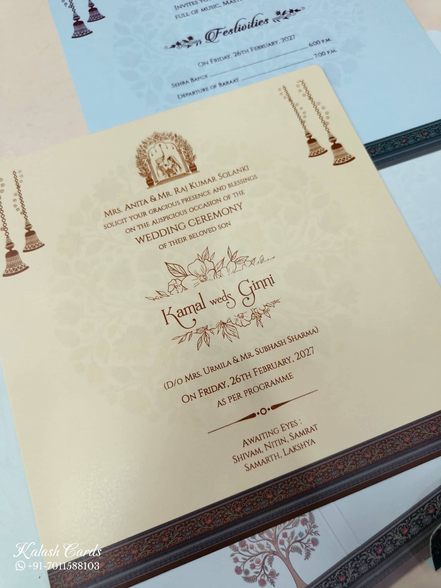 KLB875 Tree of Life Design Blue Color Premium 3D Gold Foil Semi Box Wedding Card (2 Page & Couple Name Wooden Plate)