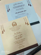 KLB875 Tree of Life Design Blue Color Premium 3D Gold Foil Semi Box Wedding Card (2 Page & Couple Name Wooden Plate)