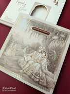 KLB876 Dulha Dulhan Design Creme Color Premium 3D Gold Foil Wedding Card (2 Page & Couple Name Wooden Plate)
