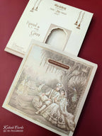 KLB876 Dulha Dulhan Design Creme Color Premium 3D Gold Foil Wedding Card (2 Page & Couple Name Wooden Plate)