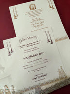 KLB876 Dulha Dulhan Design Creme Color Premium 3D Gold Foil Wedding Card (2 Page & Couple Name Wooden Plate)
