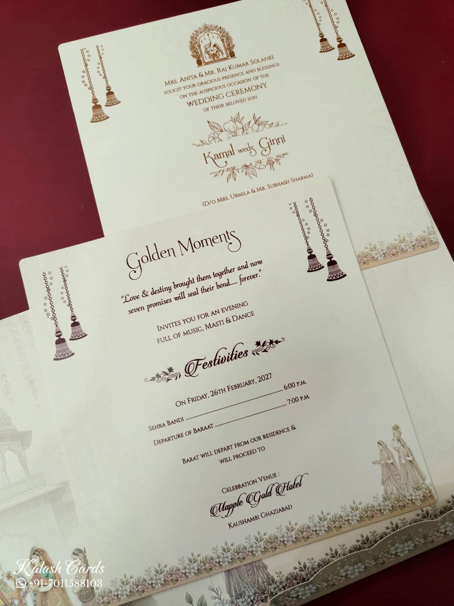KLB876 Dulha Dulhan Design Creme Color Premium 3D Gold Foil Wedding Card (2 Page & Couple Name Wooden Plate)