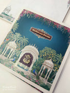 KLB877 Royal Fort Peacock Design Royal Blue Color Premium 3D Gold Foil Semi Box Wedding Card (2 Page & Couple Name Wooden Plate)