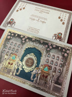 KLB879 Elephant Design Creme Blue Color Premium 3D Gold Foil Semi Box Wedding Card (2 Page & Couple Name Wooden Plate)