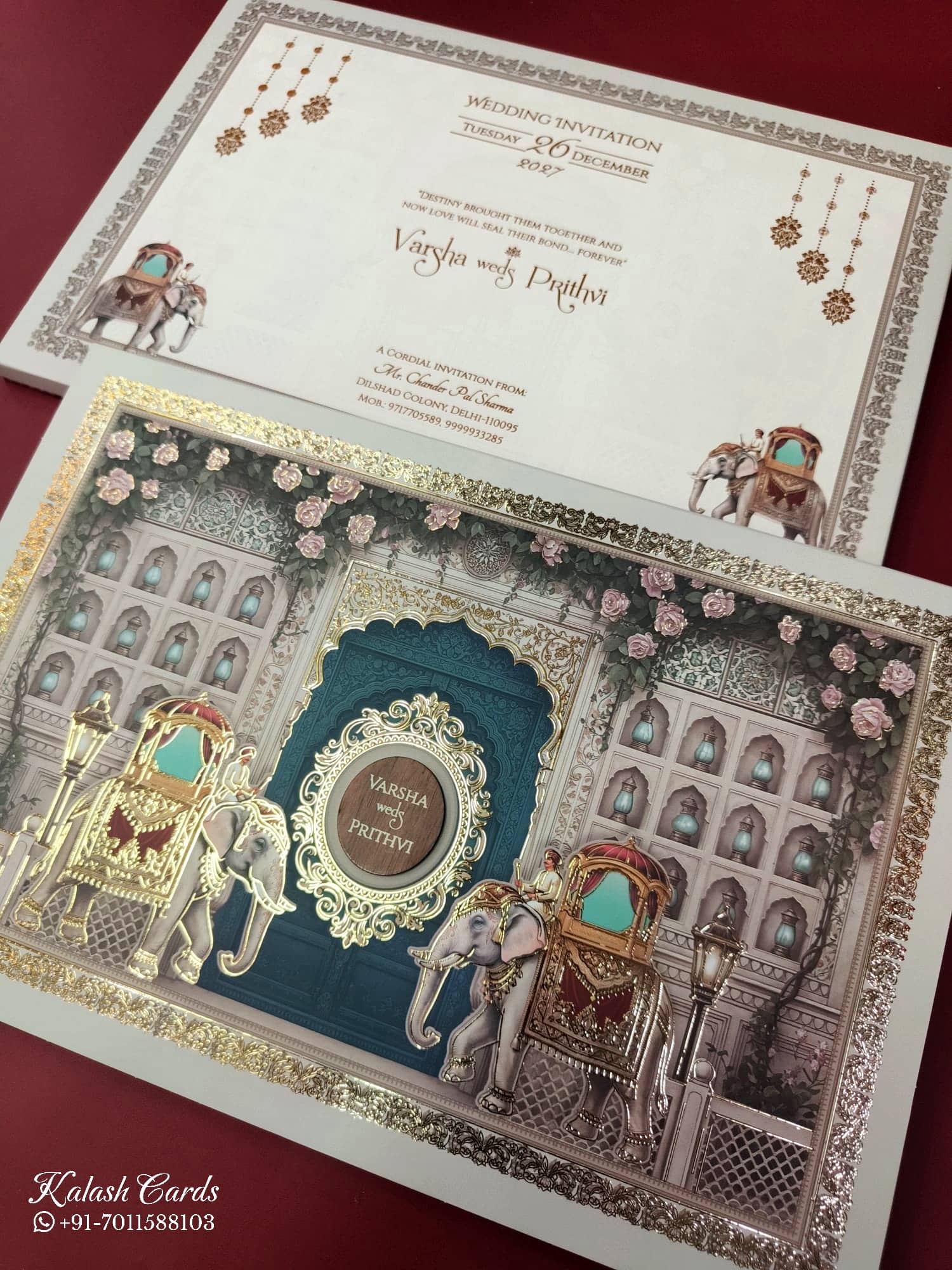 KLB879 Elephant Design Creme Blue Color Premium 3D Gold Foil Semi Box Wedding Card (2 Page & Couple Name Wooden Plate)