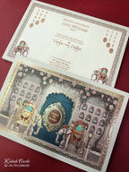 KLB879 Elephant Design Creme Blue Color Premium 3D Gold Foil Semi Box Wedding Card (2 Page & Couple Name Wooden Plate)