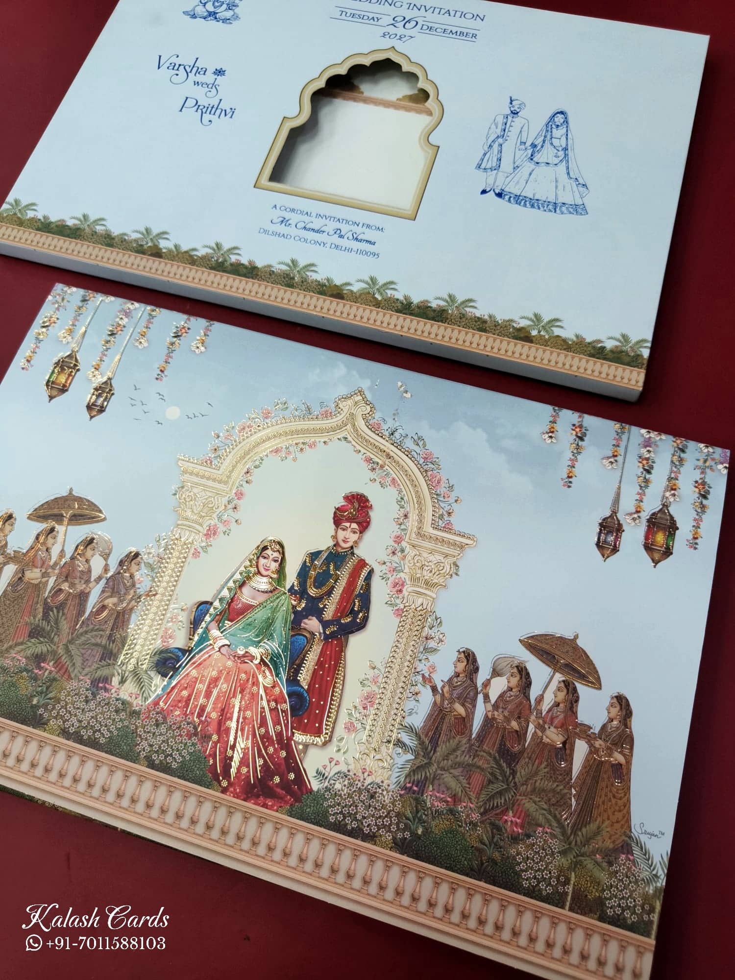 KLB880 Raja Rani Design Blue Color Premium 3D Gold Foil Semi Box Wedding Card (2 Page)