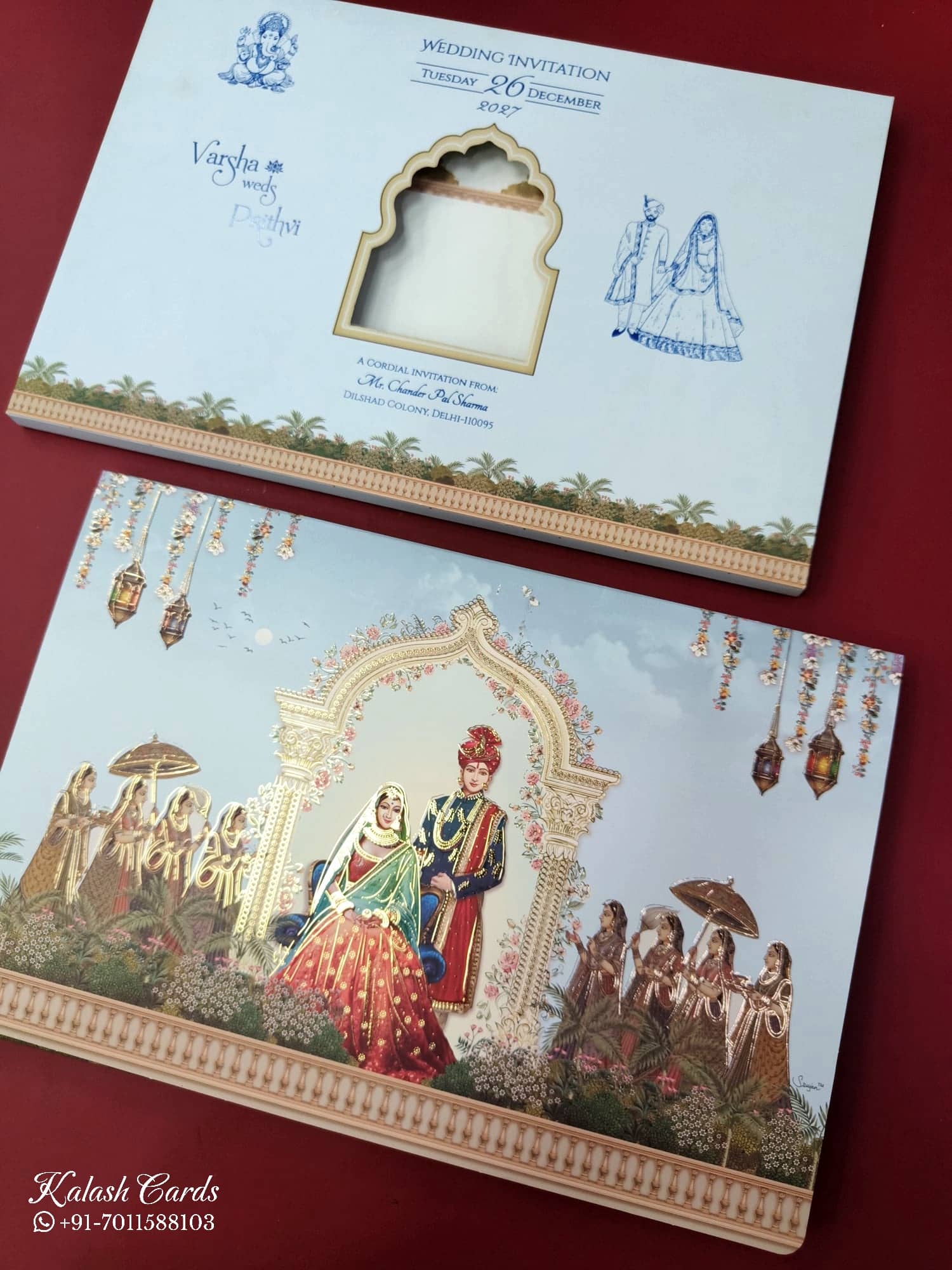 KLB880 Raja Rani Design Blue Color Premium 3D Gold Foil Semi Box Wedding Card (2 Page)