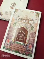 KLB881 Royal Fort Elephant Design Creme Brown Color Hardboard Padding Thick Wedding Card (2 Page & Couple Name Wooden Plate)
