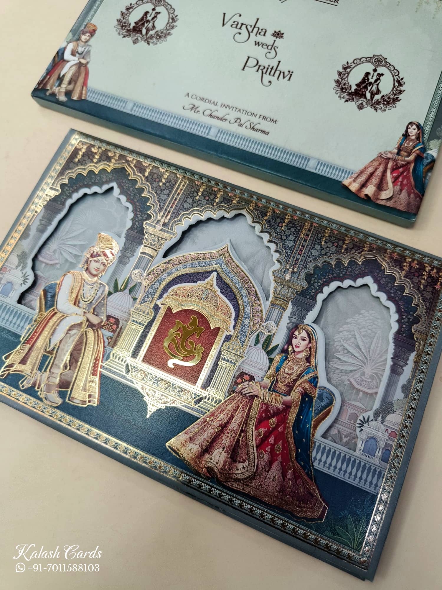 KLB882 Dulha Dulhan Design Blue Color Laser Cut Hardboard Padding Thick Wedding Card (2 Page)