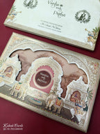 KLB883 Elephant Design Creme Color Laser Cut Hardboard Padding Thick Wedding Card (2 Page & Couple Name Wooden Plate)