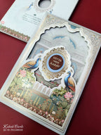KLB884 Peacock Design Blue Color Laser Cut Hardboard Padding Thick Wedding Card (2 Page & Couple Name Wooden Plate)