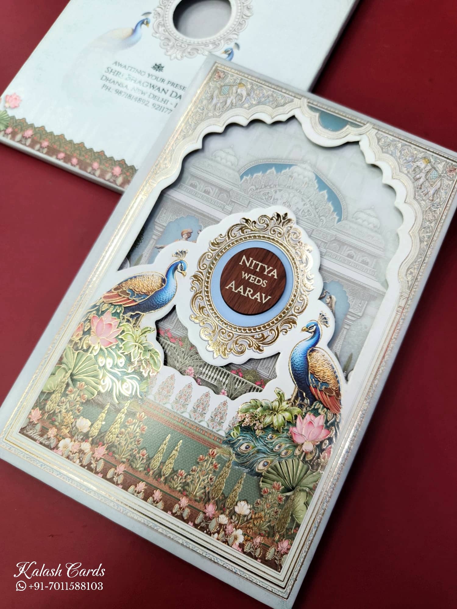 KLB884 Peacock Design Blue Color Laser Cut Hardboard Padding Thick Wedding Card (2 Page & Couple Name Wooden Plate)