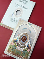 KLB884 Peacock Design Blue Color Laser Cut Hardboard Padding Thick Wedding Card (2 Page & Couple Name Wooden Plate)