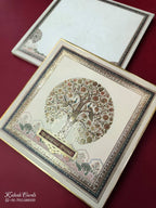 KLB885 Tree of Life Design Creme Color Premium 3D Gold Foil Hardboard Padding Thick Wedding Card (2 Page & Couple Name Wooden Plate)