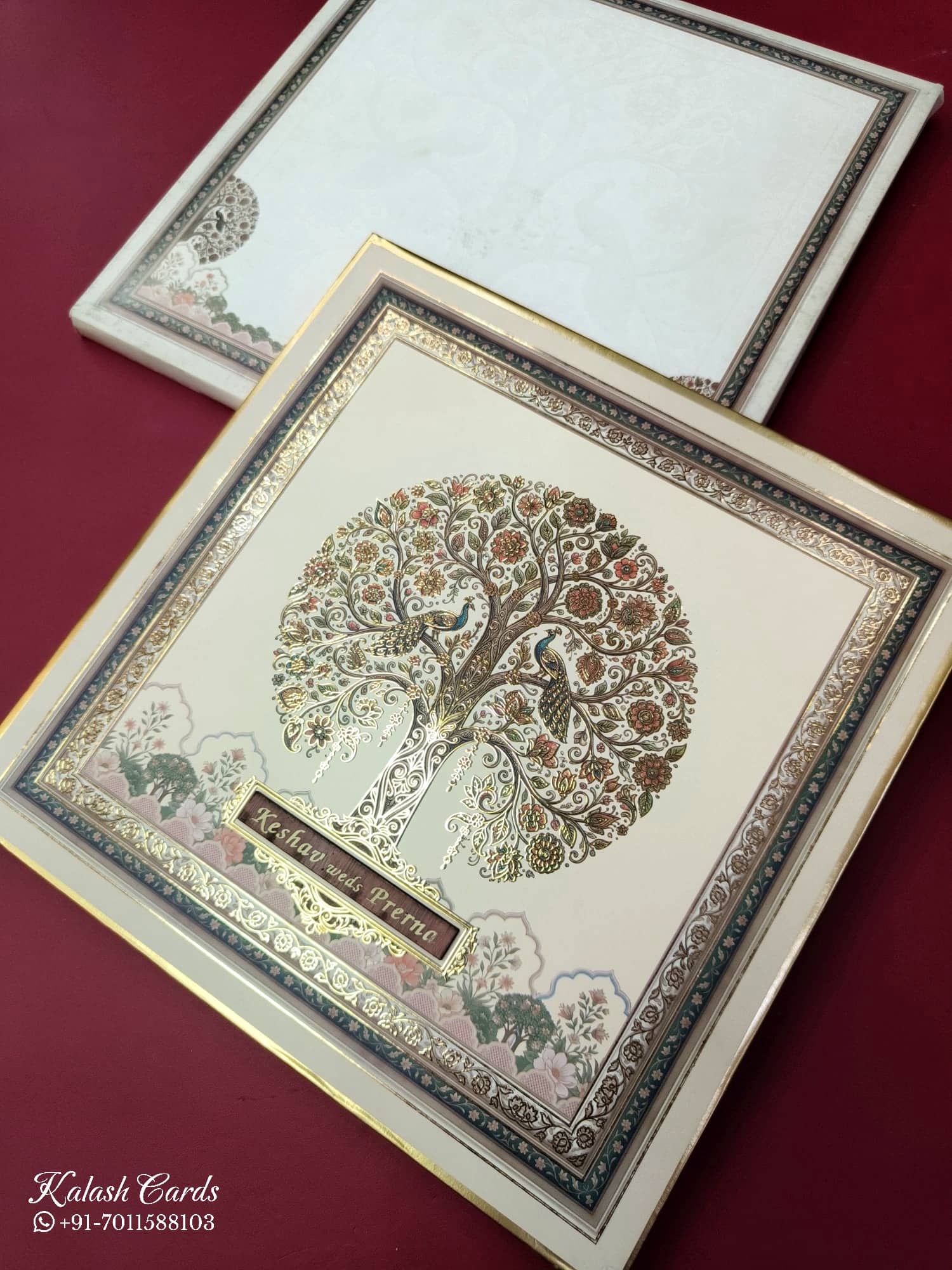 KLB885 Tree of Life Design Creme Color Premium 3D Gold Foil Hardboard Padding Thick Wedding Card (2 Page & Couple Name Wooden Plate)
