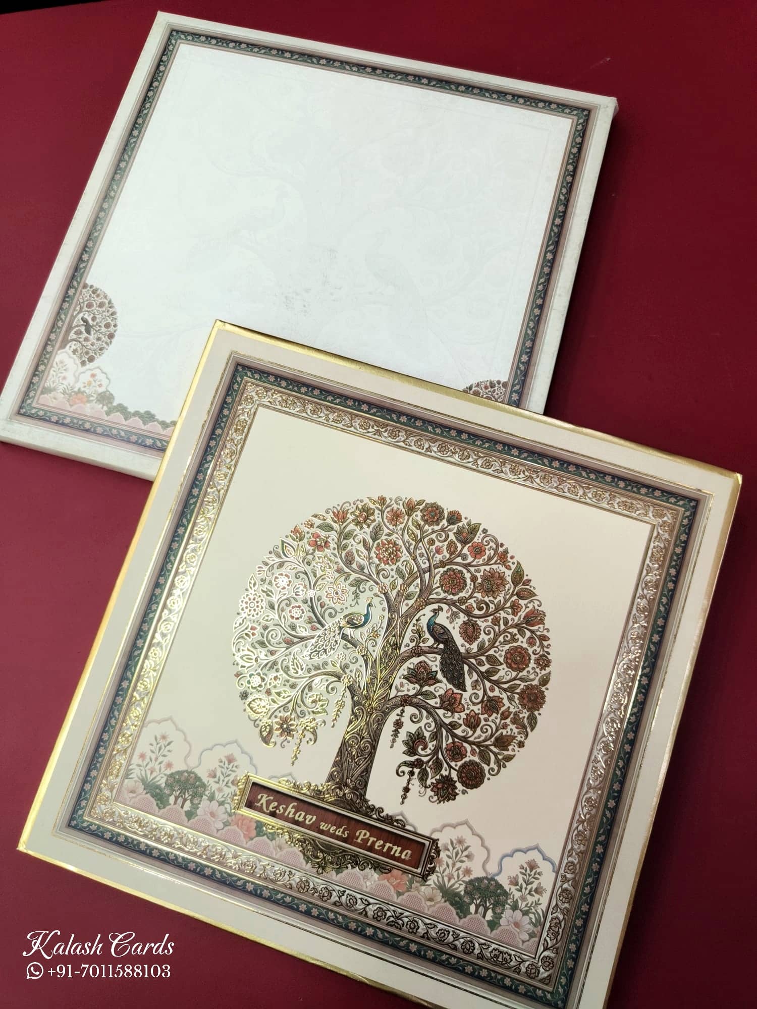 KLB885 Tree of Life Design Creme Color Premium 3D Gold Foil Hardboard Padding Thick Wedding Card (2 Page & Couple Name Wooden Plate)