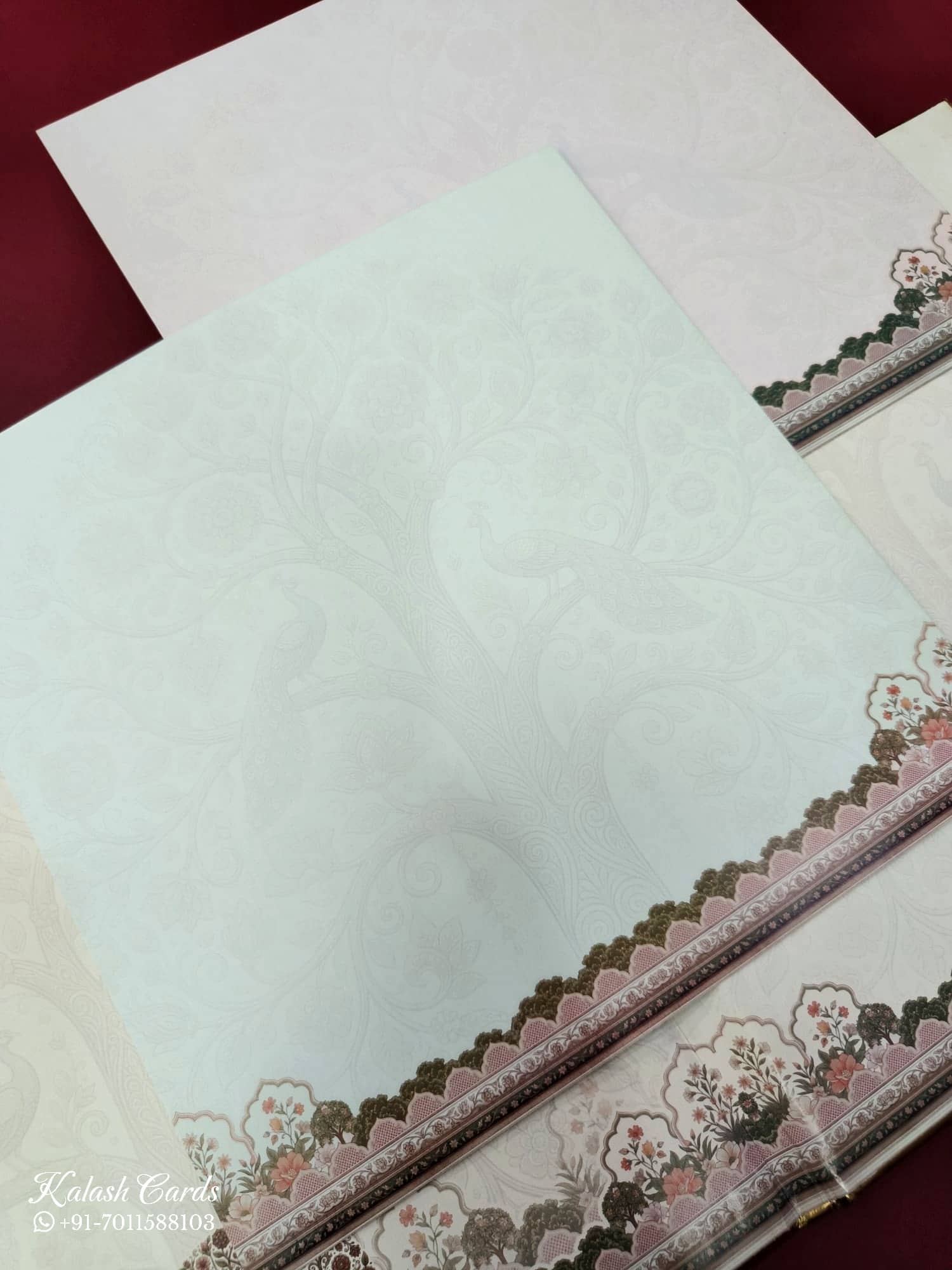 KLB885 Tree of Life Design Creme Color Premium 3D Gold Foil Hardboard Padding Thick Wedding Card (2 Page & Couple Name Wooden Plate)