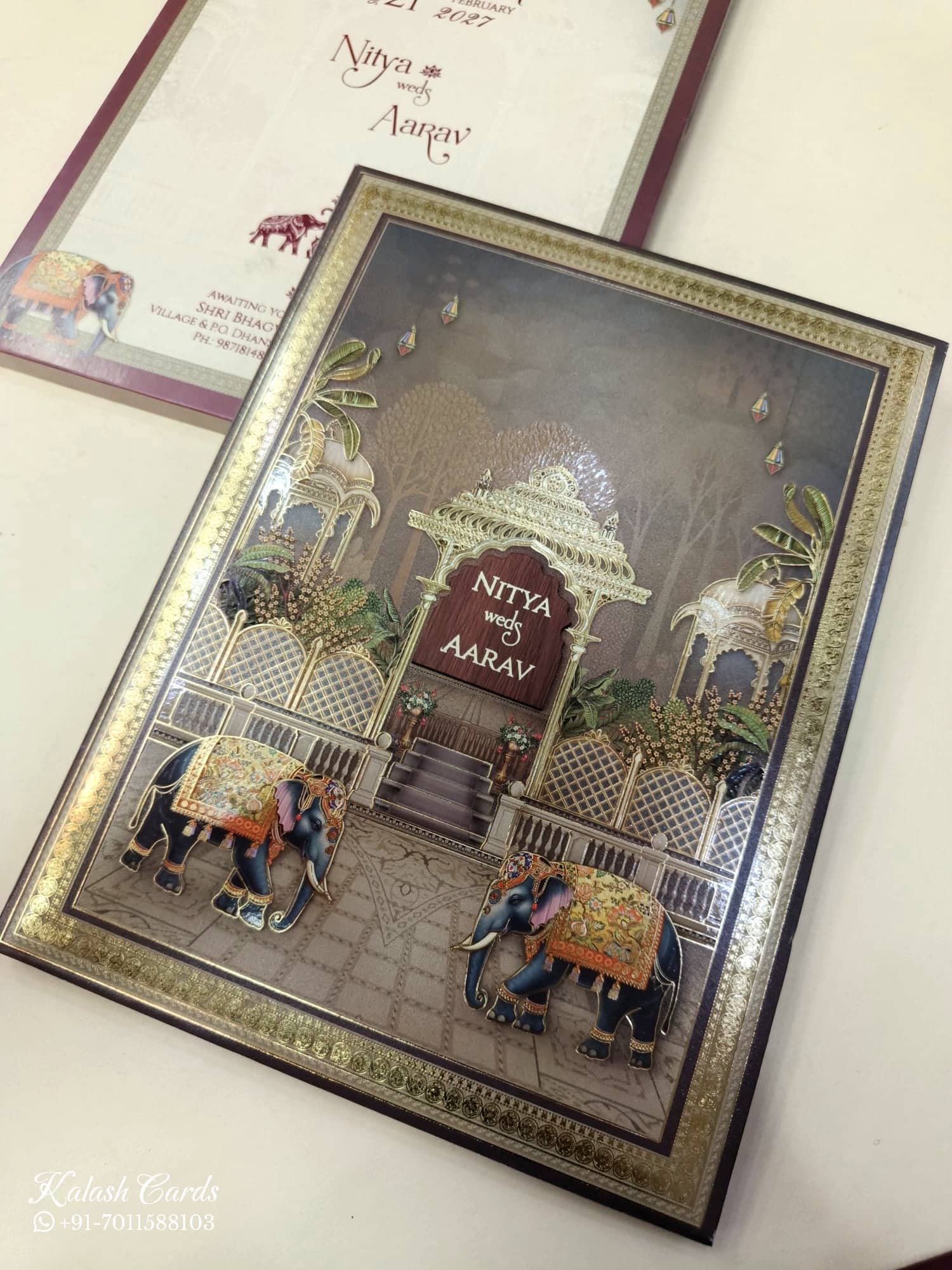 KLB887 Elephant Design Brown Color Hardboard Padding Thick Wedding Card (2 Page & Couple Name Wooden Plate)