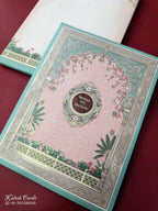KLB888 Royal Fort Pichwai Design Blue Pink Color Premium 3D Gold Foil Hardboard Padding Thick Wedding Card (2 Page & Couple Name Wooden Plate)