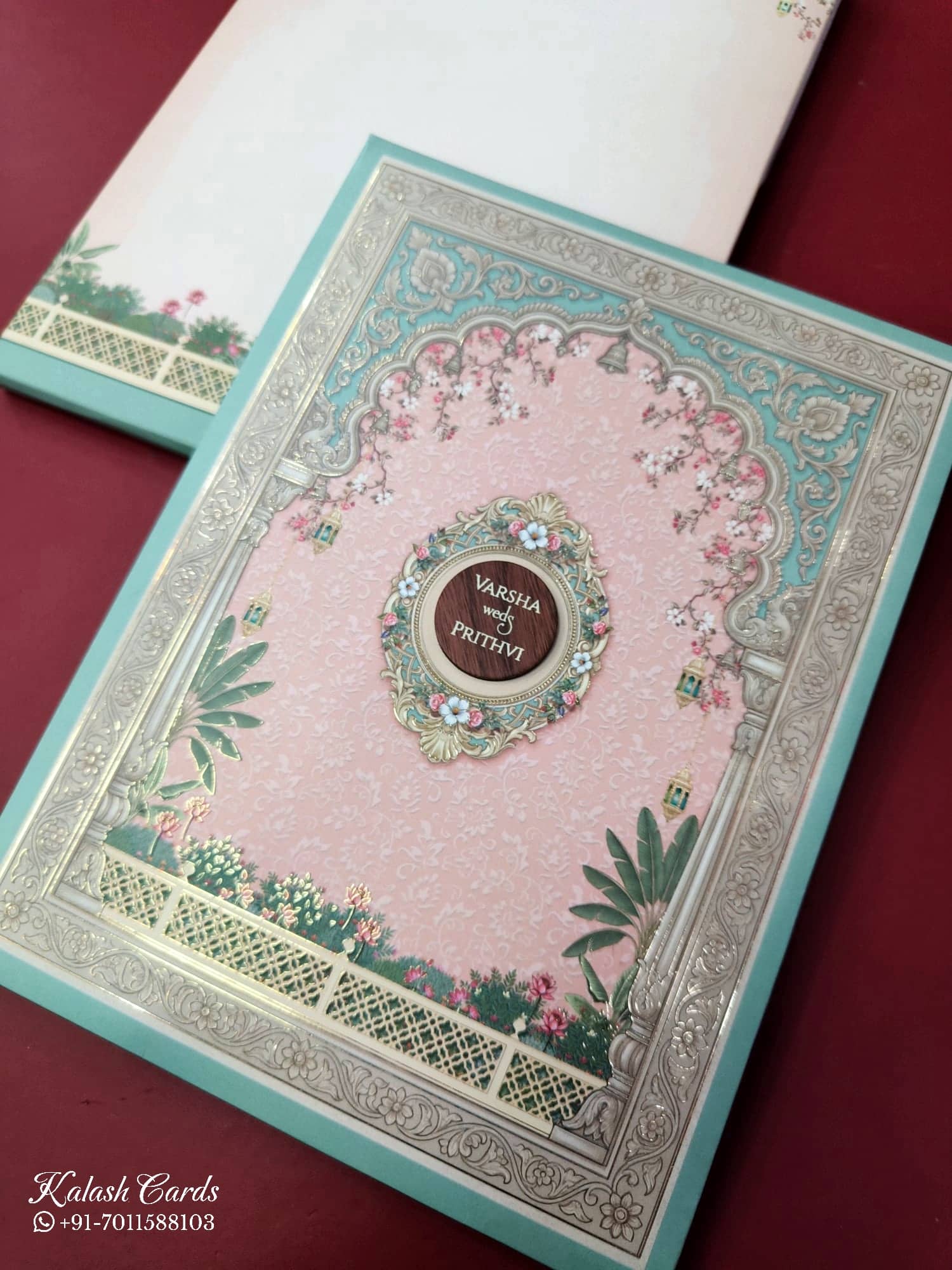 KLB888 Royal Fort Pichwai Design Blue Pink Color Premium 3D Gold Foil Hardboard Padding Thick Wedding Card (2 Page & Couple Name Wooden Plate)