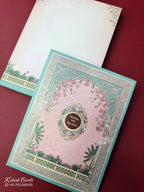 KLB888 Royal Fort Pichwai Design Blue Pink Color Premium 3D Gold Foil Hardboard Padding Thick Wedding Card (2 Page & Couple Name Wooden Plate)