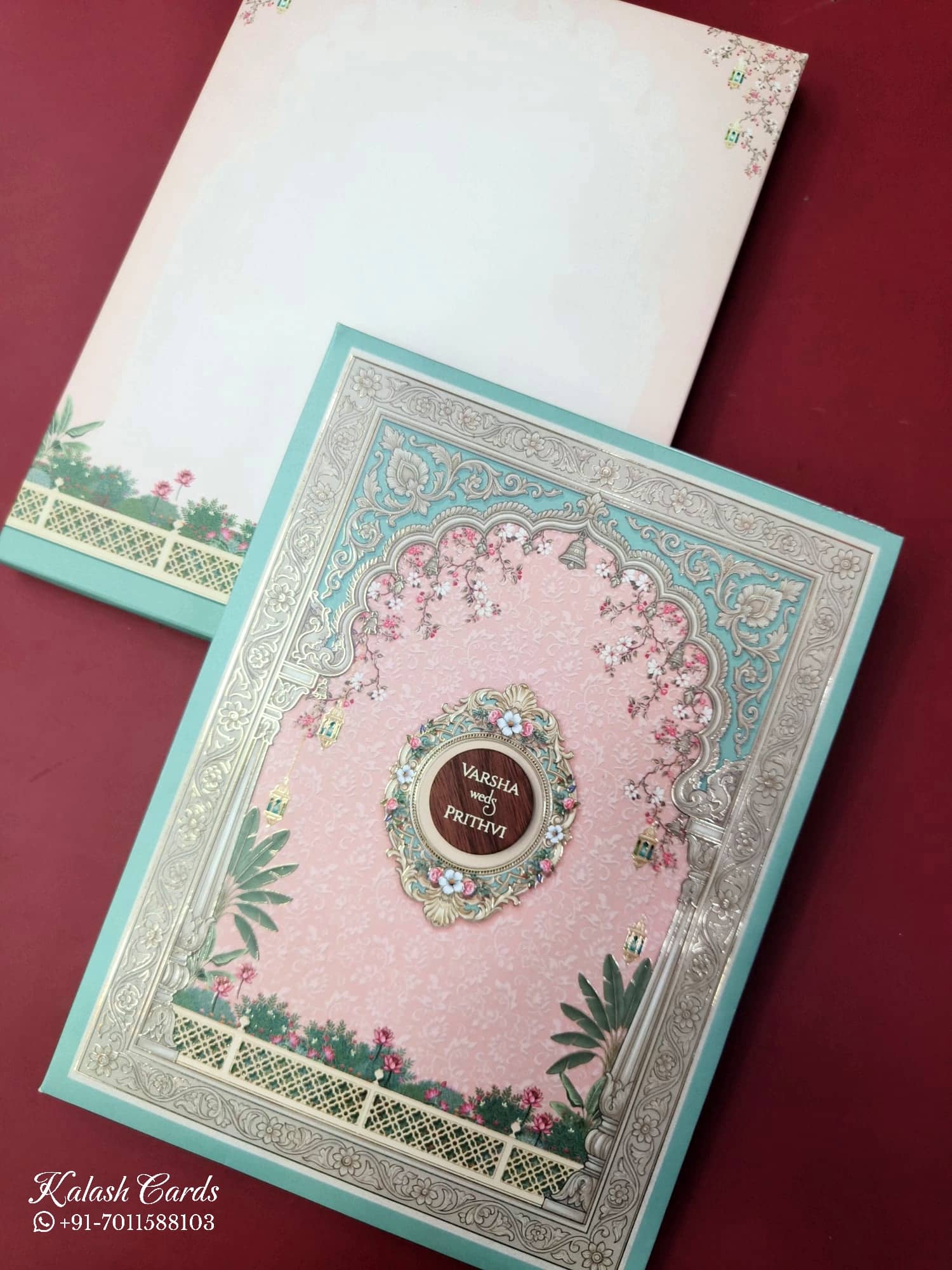 KLB888 Royal Fort Pichwai Design Blue Pink Color Premium 3D Gold Foil Hardboard Padding Thick Wedding Card (2 Page & Couple Name Wooden Plate)