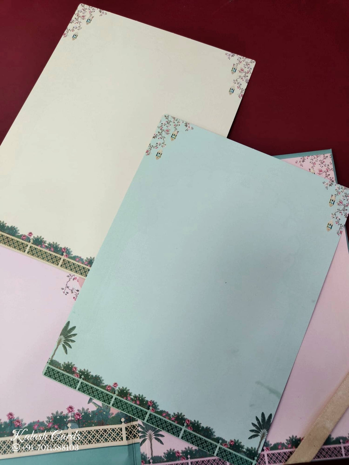 KLB888 Royal Fort Pichwai Design Blue Pink Color Premium 3D Gold Foil Hardboard Padding Thick Wedding Card (2 Page & Couple Name Wooden Plate)