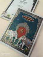 KLB889 Elephant Design Blue Green Color Premium 3D Gold Foil Hardboard Padding Thick Wedding Card (2 Page & Couple Name Wooden Plate)