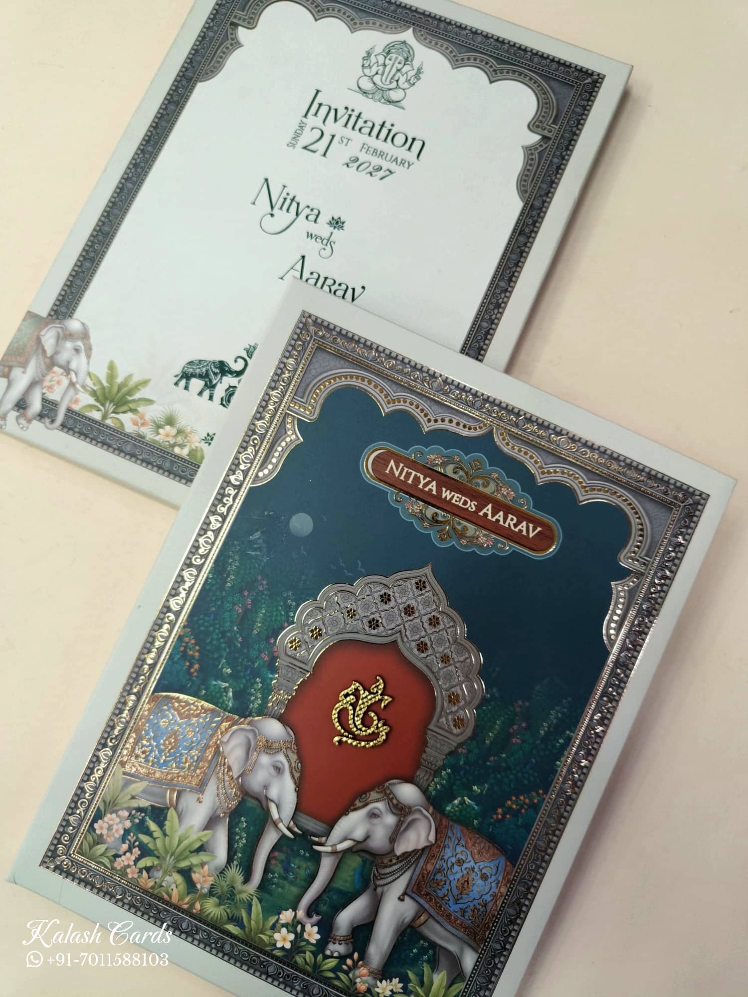 KLB889 Elephant Design Blue Green Color Premium 3D Gold Foil Hardboard Padding Thick Wedding Card (2 Page & Couple Name Wooden Plate)